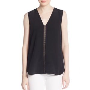 Vince Black Silk Blouse w/ Perforated Leather Trim